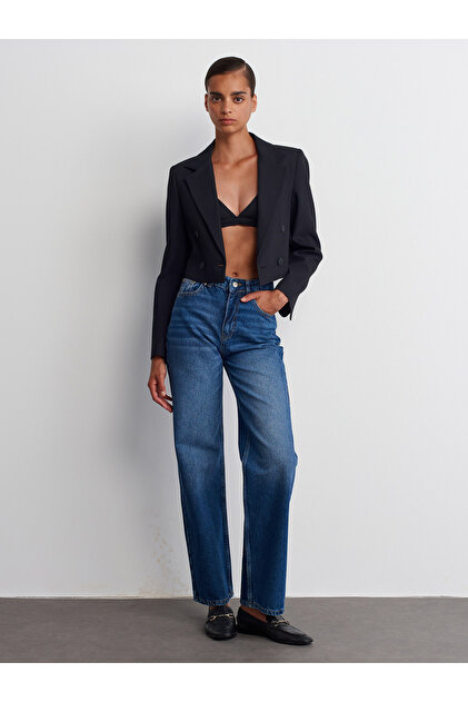 71688 Model - Navy Blue Wideleg Denim Trousers with Stone Detail