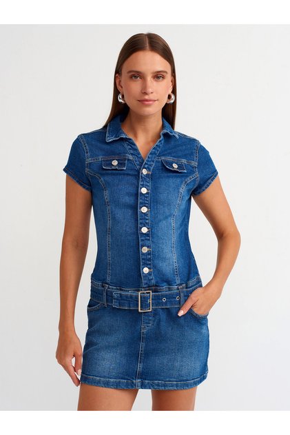 90539 Düğmeli Denim Mini Elbise-Mavi