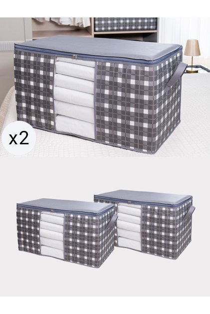 2 Pieces Large Size Windowed Gray Square Pattern Plaid Pillow Quilt Organizer Storage Set 75X40X40 cm