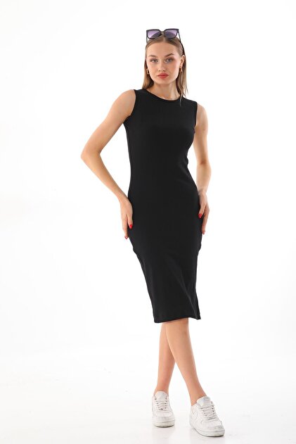 kallima Black Fitted Sleeveless Crew Neck Below Knee Ribbed Flexible  Knitted Camisole Dress- Trendyol
