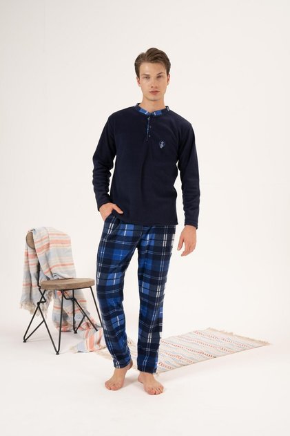 Men's Winter Buttoned Collar Checked Bottom Fleece Pajama Set