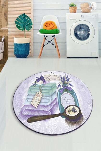 Lavender 120X120 cm Diameter Bathroom Rug Washable Non-Slip Floor Mat Toilet Set