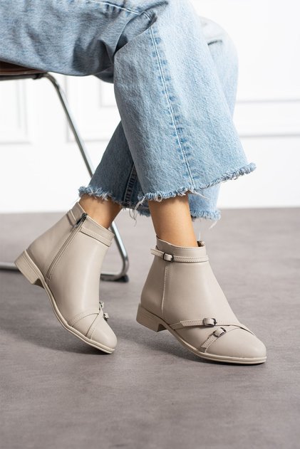 Beige Women's Comfortable Boots with Buckle and Zipper Ptk72