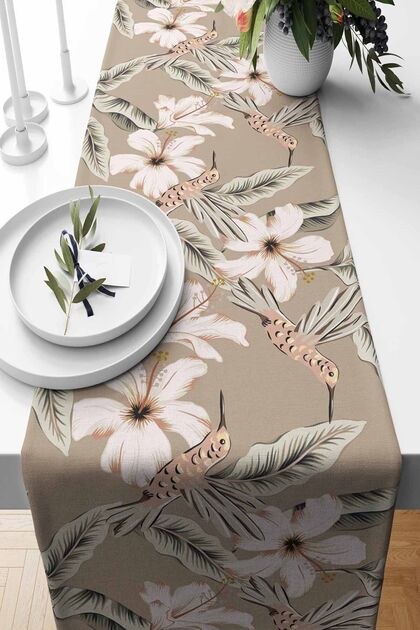 Runner Beige Hibiscus Patterned Suede Woven 140*40 cm