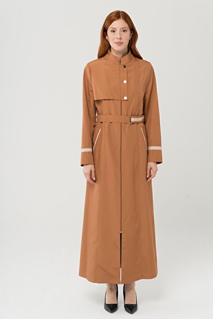 Olcay Garni Detailed Zippered Long Trench Coat Taba 4291- Trendyol