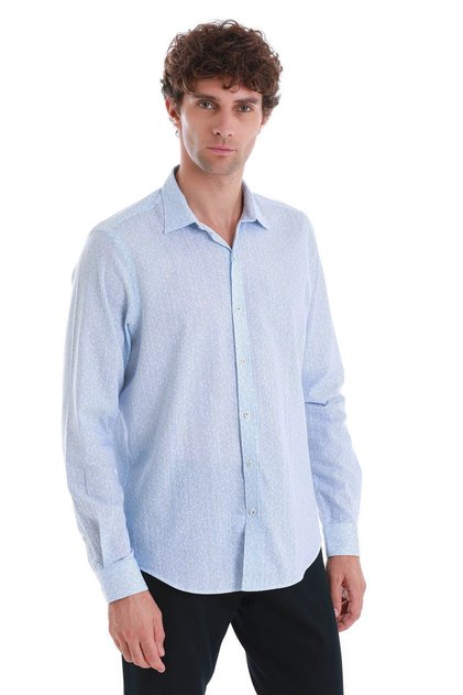 Blue Comfort Fit Printed Slim Collar Long Sleeve Sports Shirt