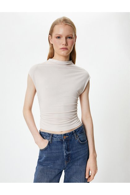 Slim Fit Athlete Stand Collar Short Sleeve Draped