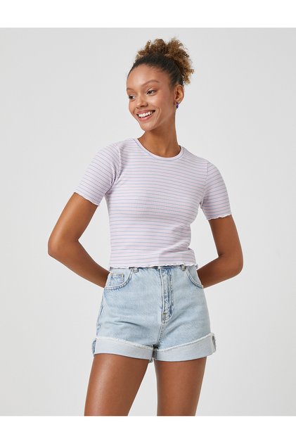 Crop T-Shirt Textured Crew Neck Short Sleeve Viscose Blended