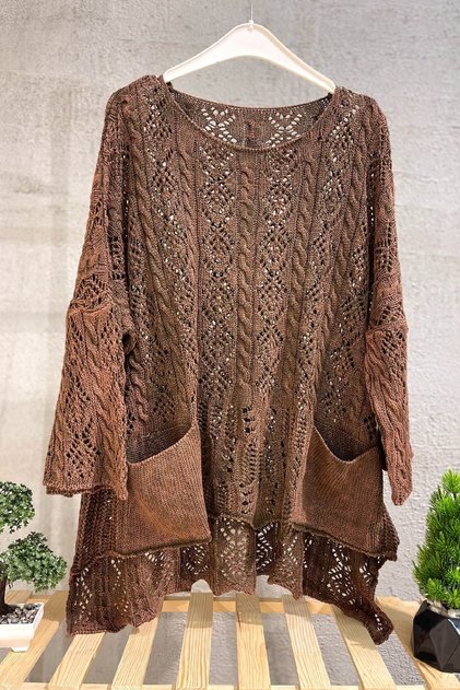 Openwork Square Neck Pocket Asymmetrical Organic Washed Sweater