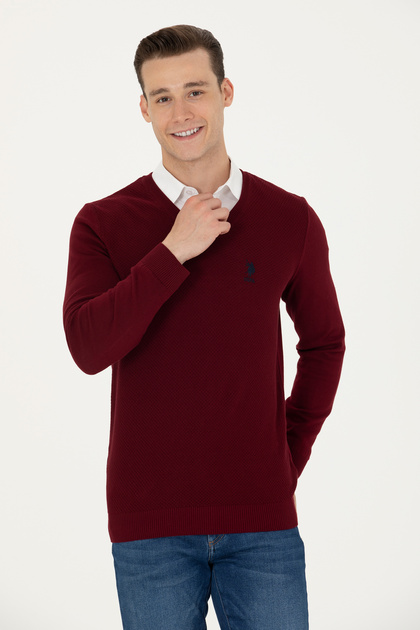 Men's Slim Fit V-Neck Claret Red Sweater 50269004-Vr014