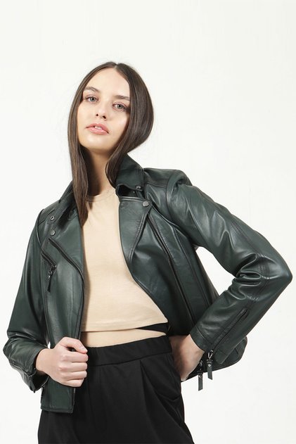 Malartic Women's Slimfit Genuine Leather Coat Green