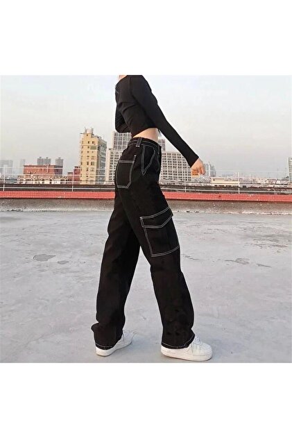 weywot Worm Butik Y2k Ters Dikiş Siyah Kargo Pantolon - Fiyatı