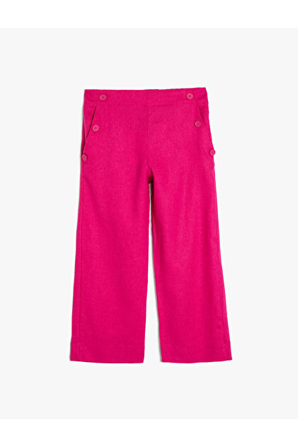 Linen Trousers with Wide Legs, Button Detail and Pockets