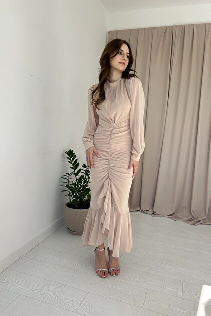 HELS BUTK Beige Front Gathered Chiffon Dress- Trendyol