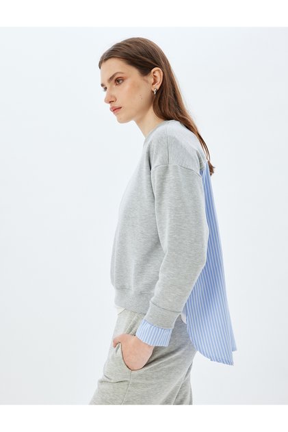 Oversize Sweatshirt Two Different Fabric Usage Crew Neck Long Sleeve