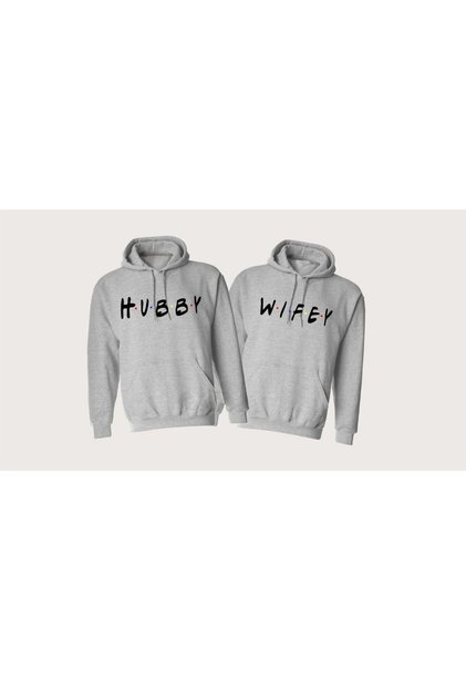 Hubbey Wifey Dear Couple Combination - Gray Printed Oversize Hooded Sweatshirt