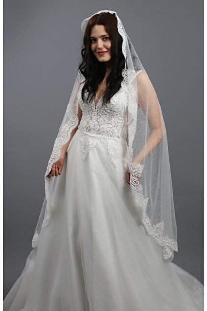 paris in paris Glittery Lace Long Wedding Dress-Wedding Veil 160 Cm  Scalloped Off White Single Layer Veil- Trendyol