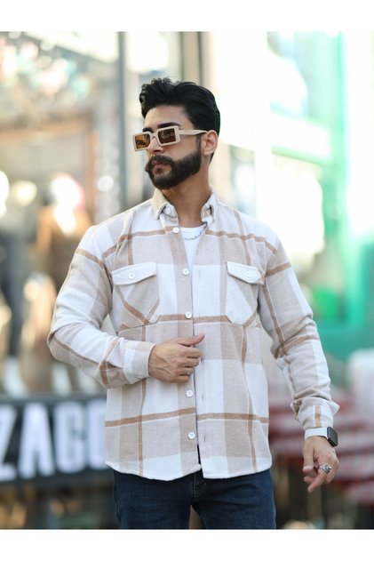 Men's Cream Beige Patterned Double Pocket Lumberjack Shirt