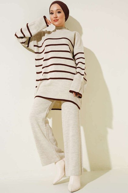 Women's Hijab Thick Winter Horizontal Striped Casual Double Knitwear Set