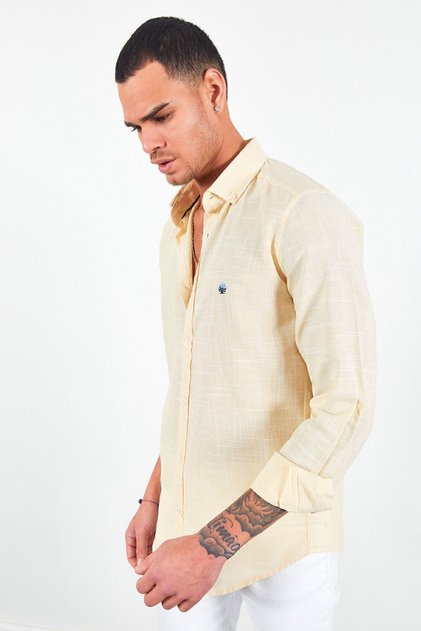 Men's Embroidered Yellow Linen Shirt - Mes116488-01