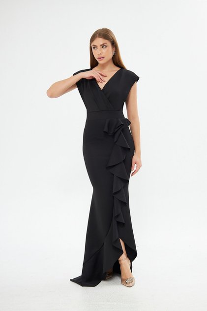 New Season Flexible Black Scuba Fabric Flounce Detail Evening Dress and Graduation Dress 729 582443