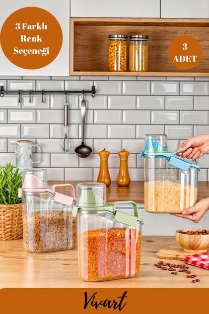 Bakliyat ve Deterjan Sızdırmaz Conta Kapaklı Erzak Saklama Kabı Ölçekli-1800 Ml-3 Adet