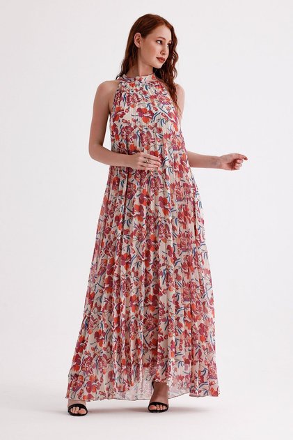 Rochie lungă de seară din șifon, cu pliuri și căptușeală, cu model | ELB35127SF Fujya Bej