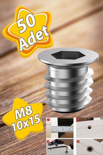 Metal Düz Dişli Dübel Ahşap Dübeli M8 10x15 Diş Çinko Mobilya Bağlantı Ünite Birleştirme (50 ADET)