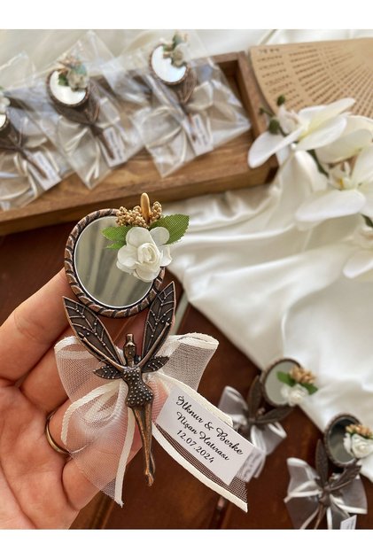 Melek Ayna Beyaz Çiçekli Magnet Söz, Nişan, Düğün, Nikah, Mevlüt Hediyelik - 20 Adet