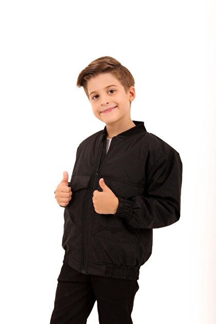 Wide Pocket Detailed Boys' Bomber Jacket Black