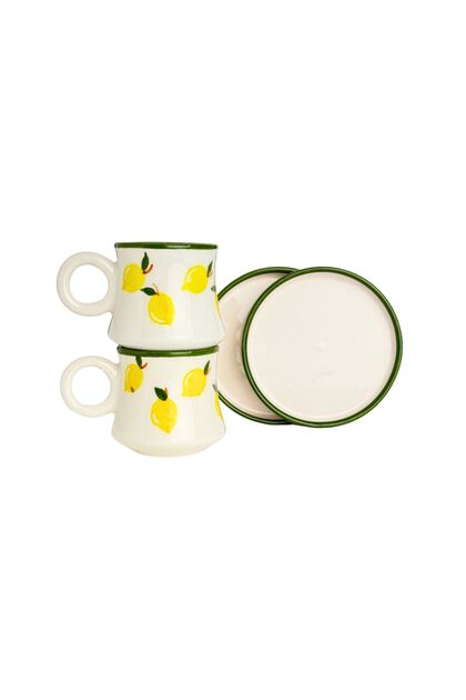 Set of 2 Lemon Patterned Handmade Kazan Ceramic Coffee Cups, Coffee Cups, Hand Made