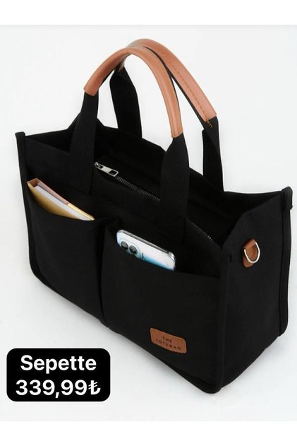 Kadın kanvas cepli siyah tote bag omuz çantası