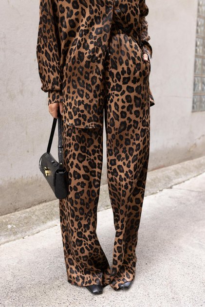 Leopard Print Satin Trousers - Wide Leg, Belted and Elastic, Brown-Black