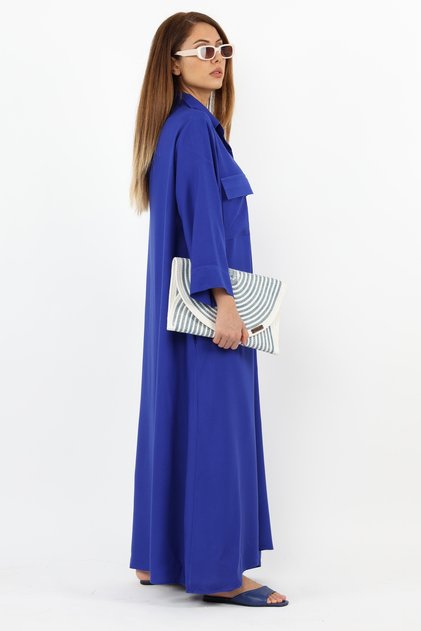 Prive Rochie lungă de vară pentru femei, uni Saks, albastru, 100% viscoză, lungime maxi, cu buzunare