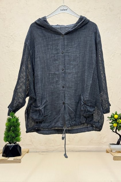 Hood and side Mesh Garnished Linen Cardigan