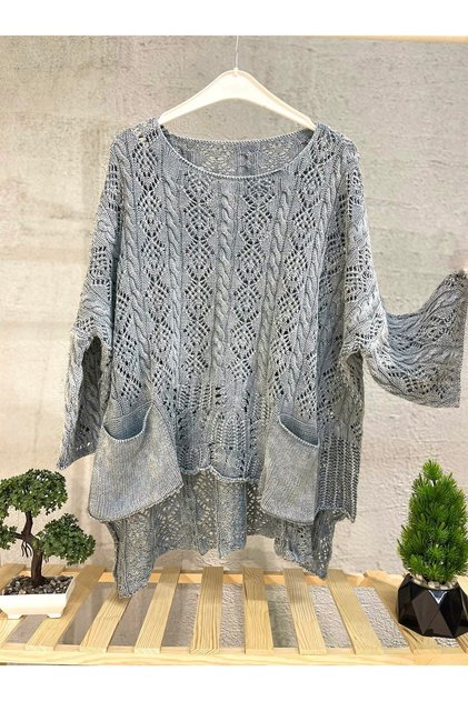 Openwork Square Neck Pocket Asymmetrical Organic Washed Sweater