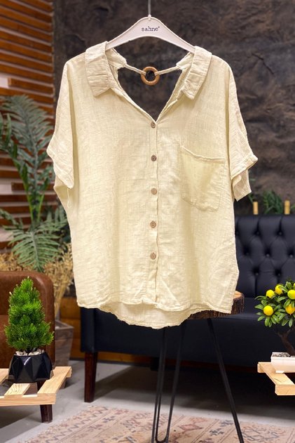 Back Wooden Loose Linen Blouse with Ring Collar