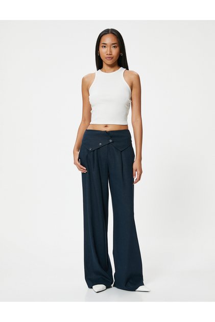 Linen Trousers with Wide Legs, High Waist, Fold Detail, Buttoned Pockets