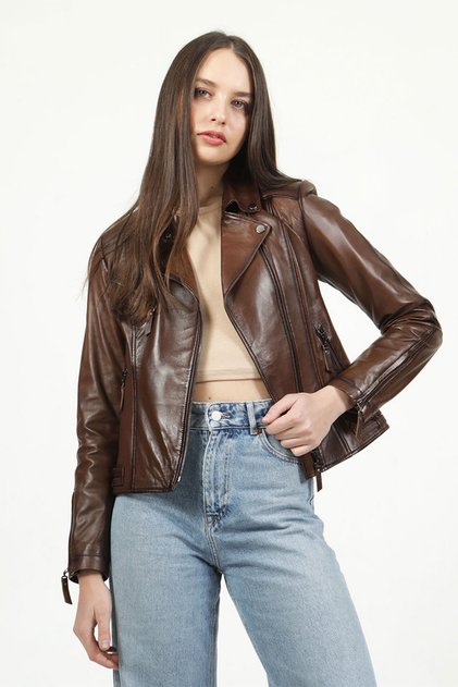 Malartic Kadın Slimfit Hakiki Deri Mont Camel Antik