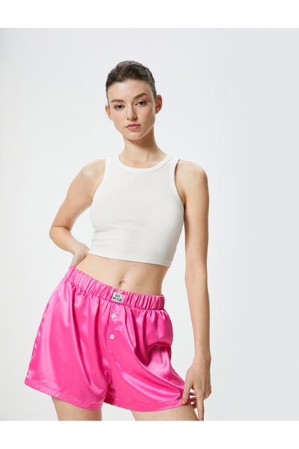 Satin Boxer Pajama Bottoms with Elastic Waist and Button Detail