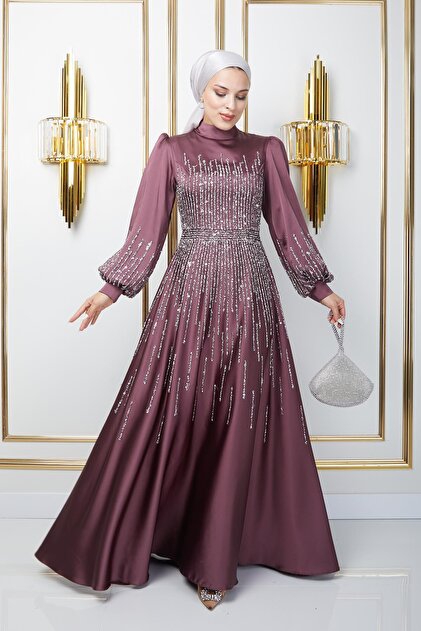 Olcay Satin Hijab Evening Dress - Stone Detailed, Neck Paint, Rose Board  1670- Trendyol