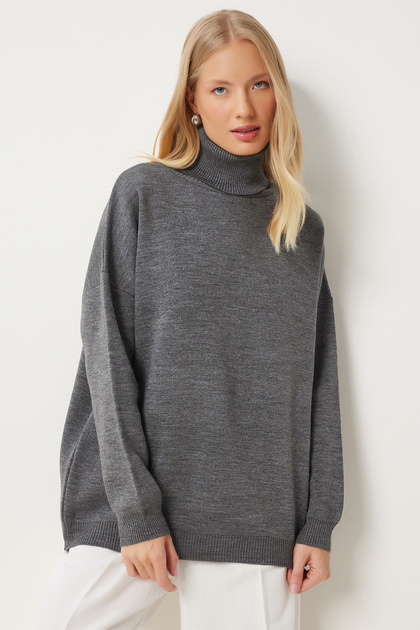 Grauer Oversize-Strickpullover mit Rollkragen für Damen BV00084