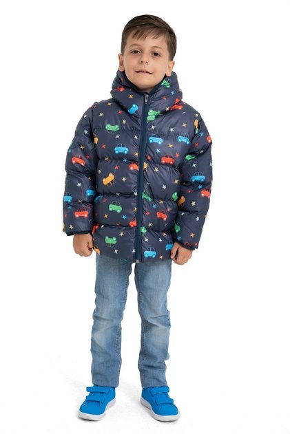 Boys' Fleece-Lined Hooded Car Star Moon Patterned Winter Inflatable Coat & Jacket & Parka