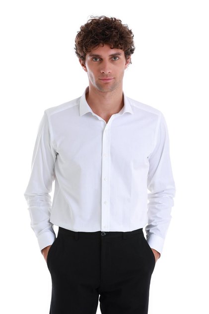 White Slim Fit Plain 100% Cotton Light Italian Collar Long Sleeve Satin Shirt