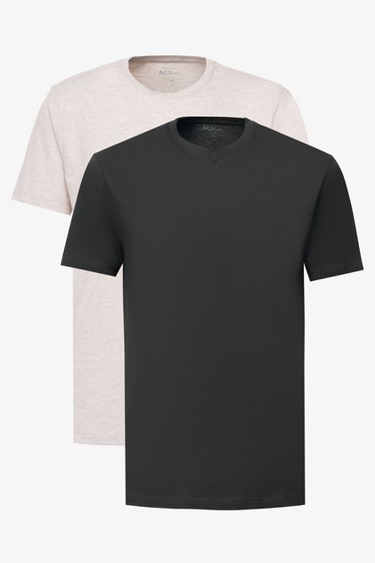 Men's Beige Melange-Black 2-Pack Slim Fit Slim Fit Cotton Basic T-Shirt