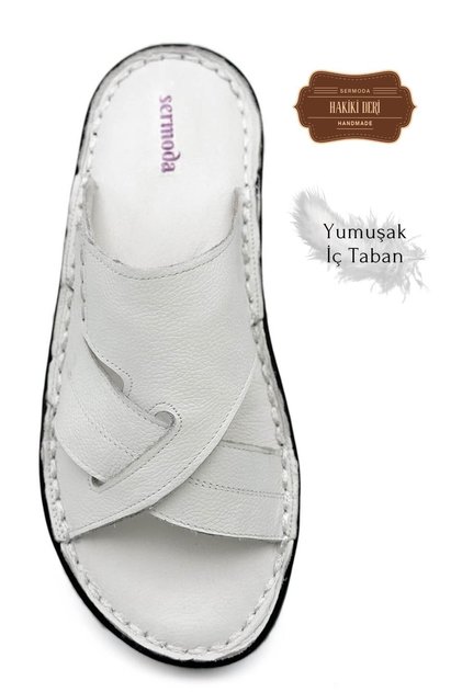 Genuine real leather men's slippers lightweight slippers leather g shir beyaz