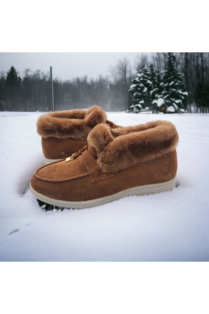 Genuine Leather and Fur Tan Suede Daily Comfortable Women's Shoes