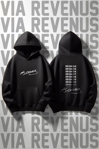 Ataturk Front and Back Printed 3 Thread Wide Pattern Hooded Sweatshirt