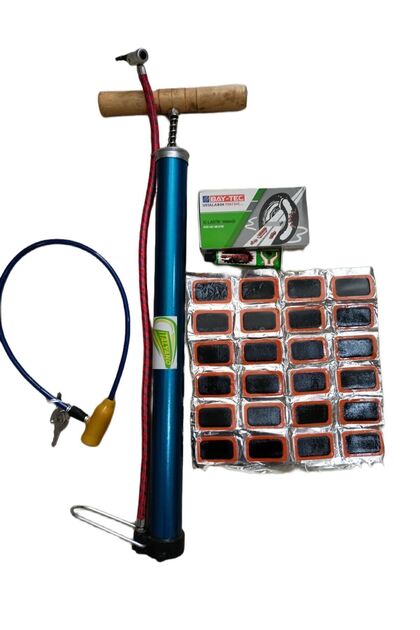 Bicycle kit, tire patch kit, air pump, bicycle lock.