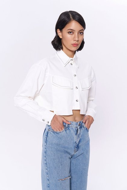 Back Buttoned Embroidered Crop Shirt Ecru